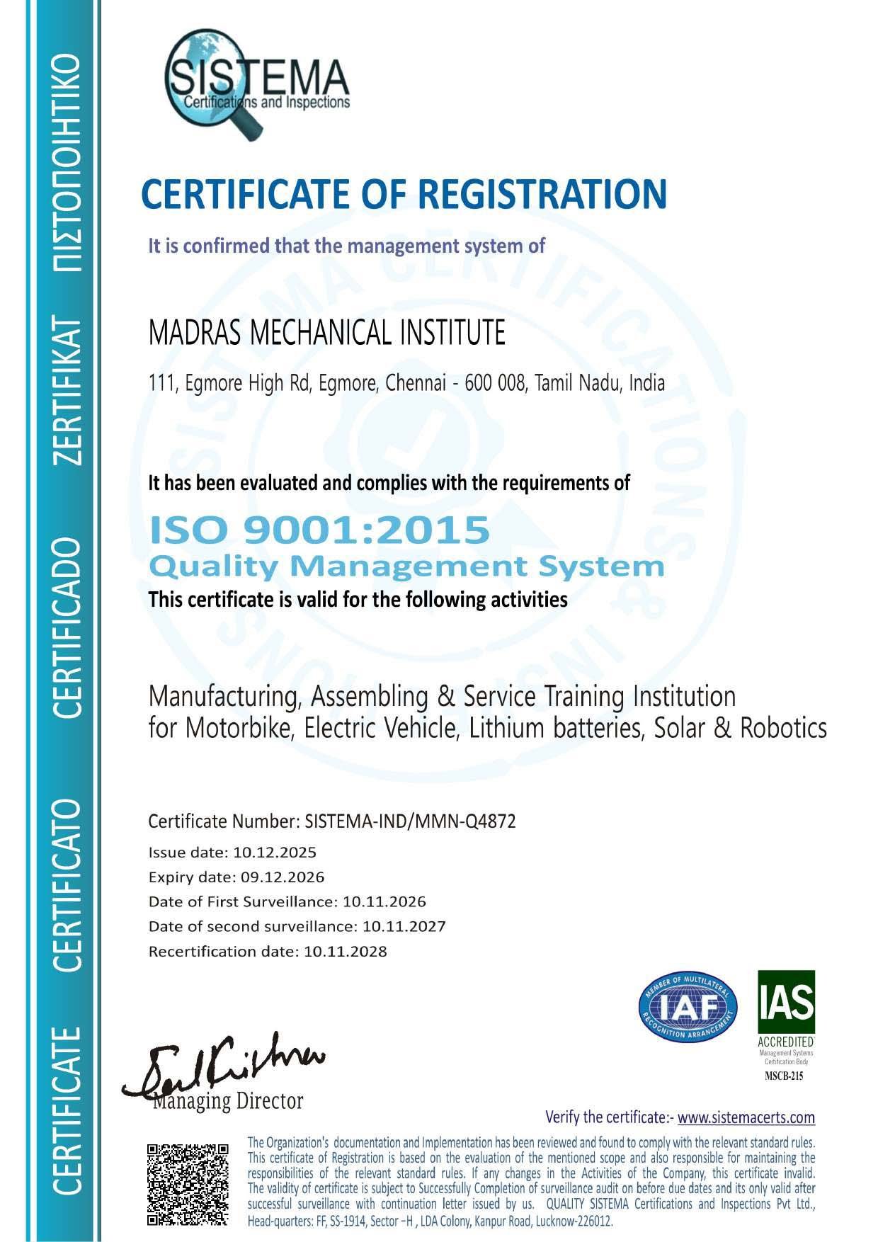 ISO 9001:2015 Certificate — Madras Mechanical Institute
